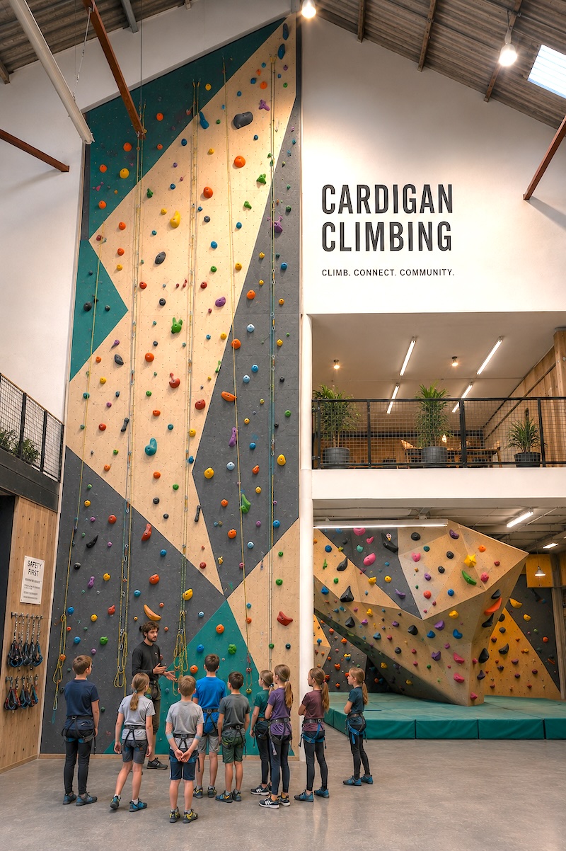 A group learning to climb at Cardigan Climbing Centre
