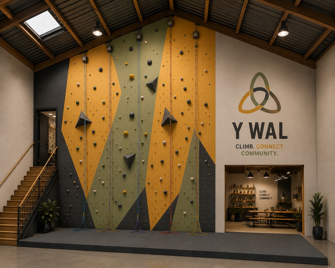 A group learning to climb at Y Wal Centre